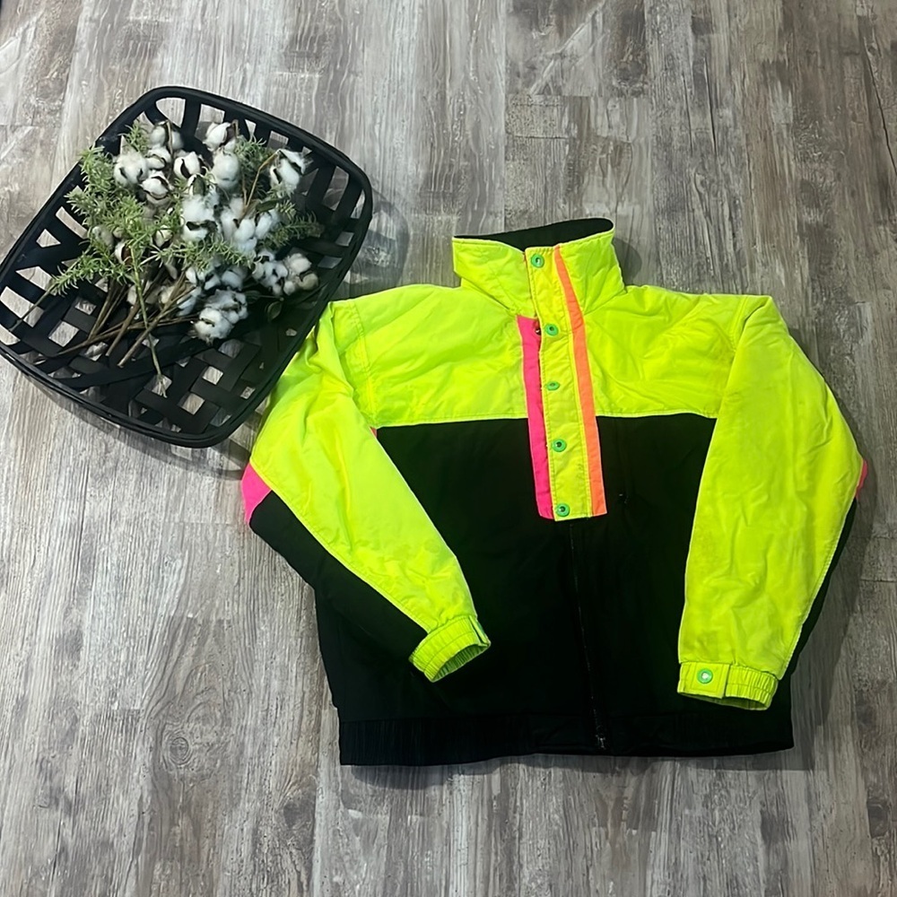 Vintage CB Sport Unisex Ski Winter Jacket Black Neon Yellow & Pink Size M / L